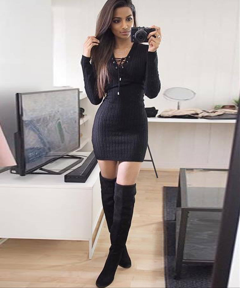 W25038-1  Black Plain Drawstring V neck Long Sleeve Mini Dress